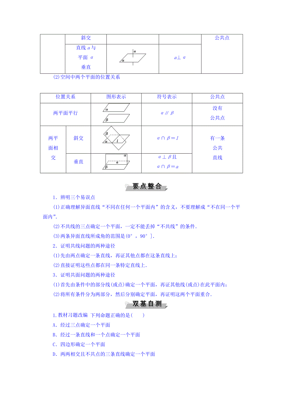 2018年高考数学（文）一轮复习文档：第七章　立体几何初步 第3讲空间点、直线、平面之间的位置关系 WORD版含答案.doc_第2页