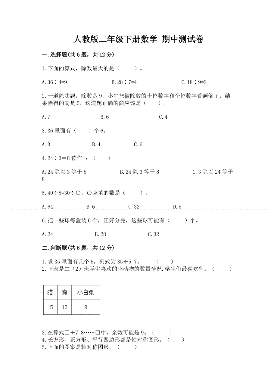 人教版二年级下册数学 期中测试卷精品【实用】.docx_第1页