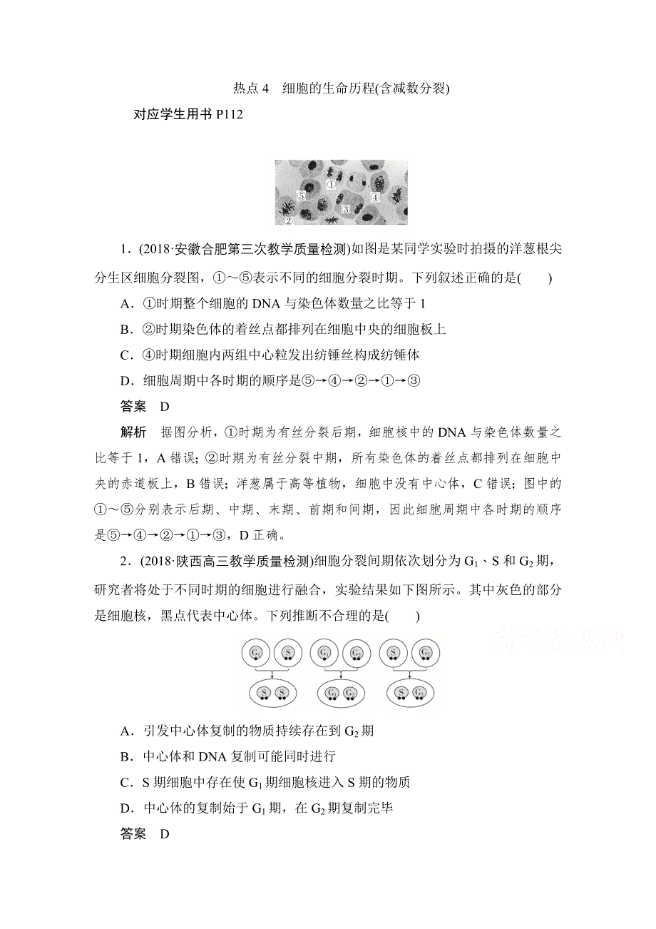 2020届高考生物一轮（新课标通用）训练检测：热点4　细胞的生命历程（含减数分裂） WORD版含解析.doc_第1页