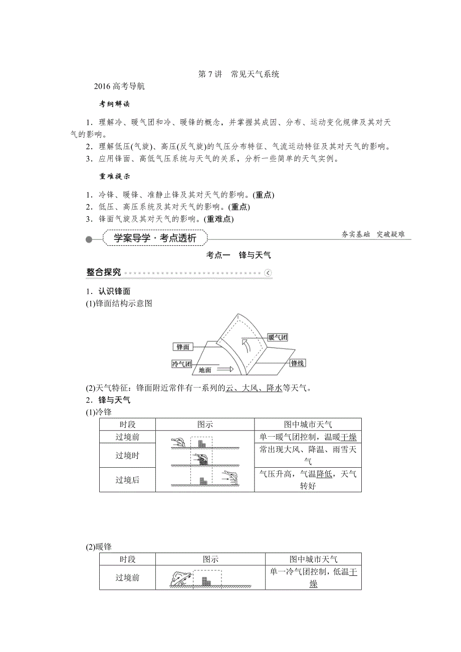 《优化方案》2016届（新课标）地理大一轮复习配套文档：第二章 地球上的大气 第7讲 常见天气系统.DOC_第1页