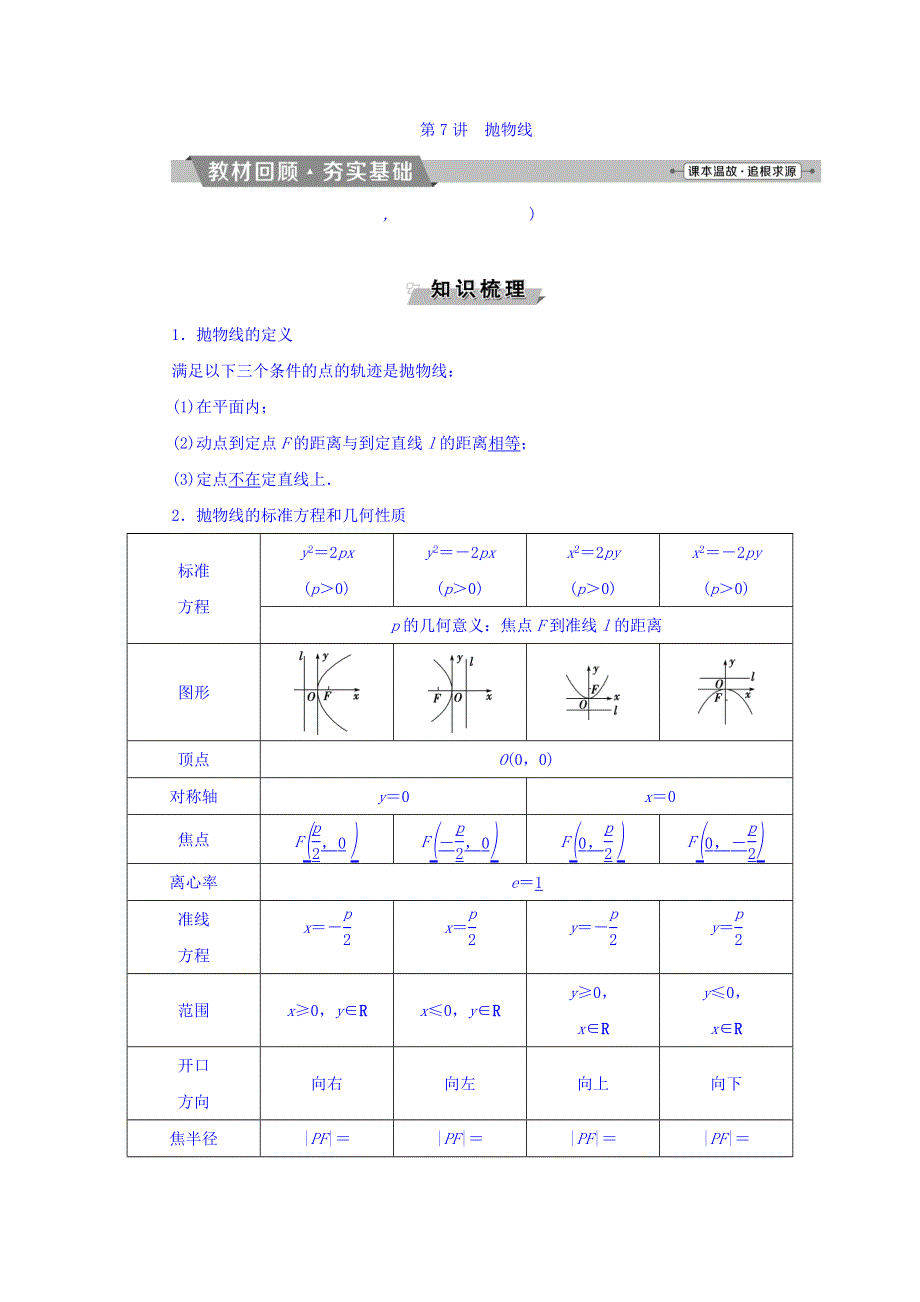 2018年高考数学（文）一轮复习文档：第八章　平面解析几何 第7讲抛物线 WORD版含答案.doc_第1页