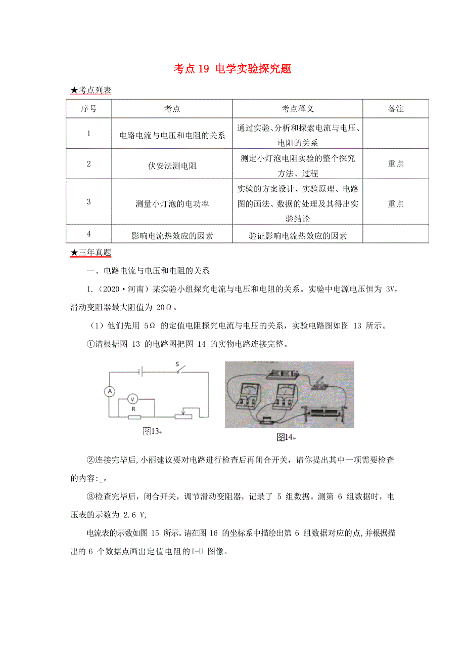 全国各地2018-2020三年中考物理真题分类详解汇编 考点19 电学实验探究题（含解析）.docx_第1页