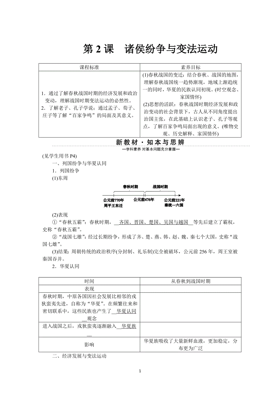 《新教材》2021-2022学年高一历史部编版必修上册学案：第2课　诸侯纷争与变法运动 WORD版含解析.docx_第1页