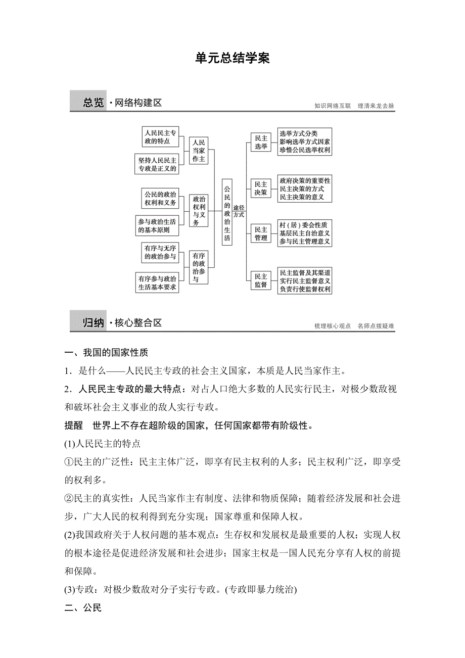 2016-2017学年高中政治（人教版必修2）习题：第一单元 公民的政治生活 单元总结学案 WORD版含答案.doc_第1页