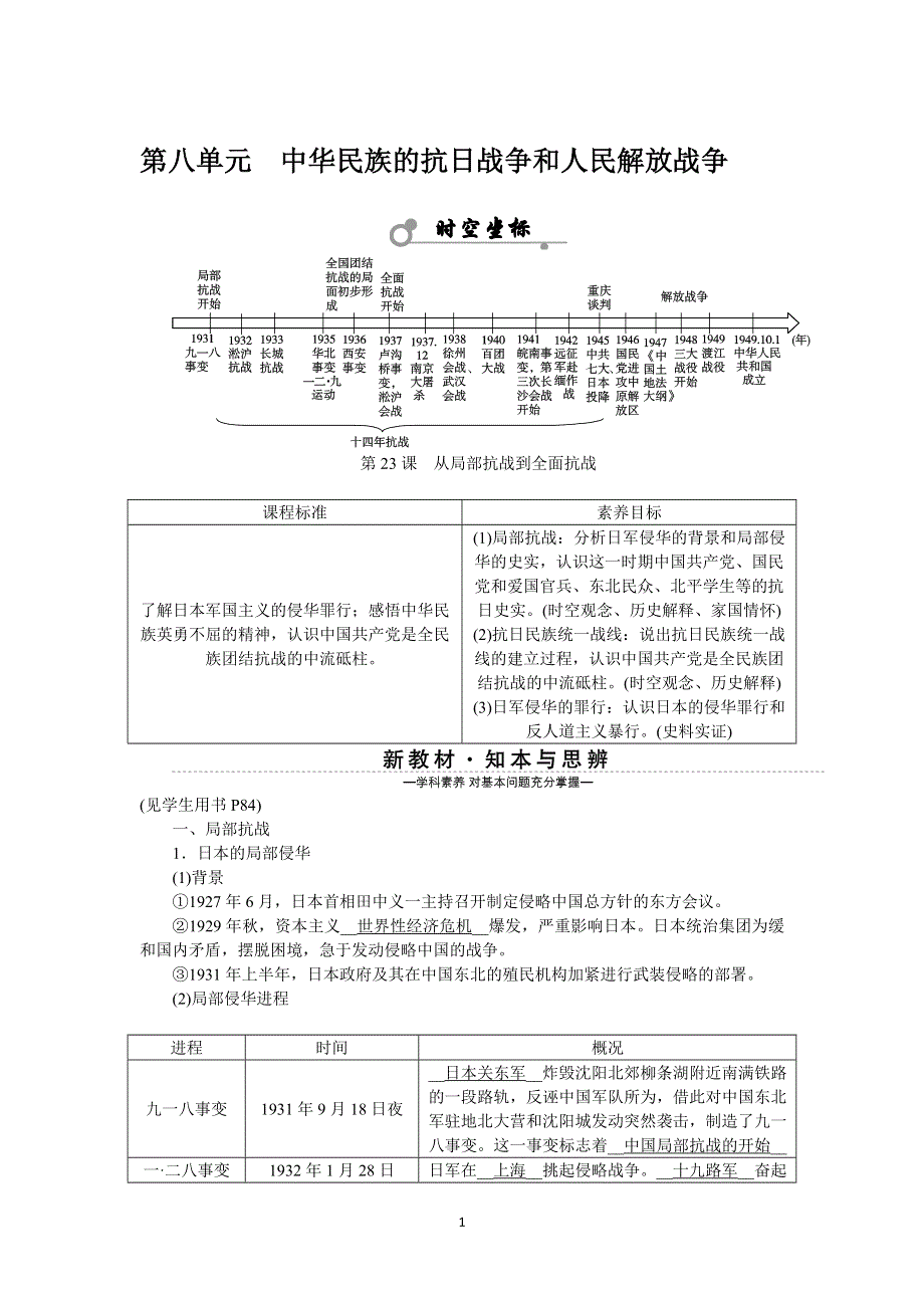 《新教材》2021-2022学年高一历史部编版必修上册学案：第23课　从局部抗战到全面抗战 WORD版含解析.docx_第1页