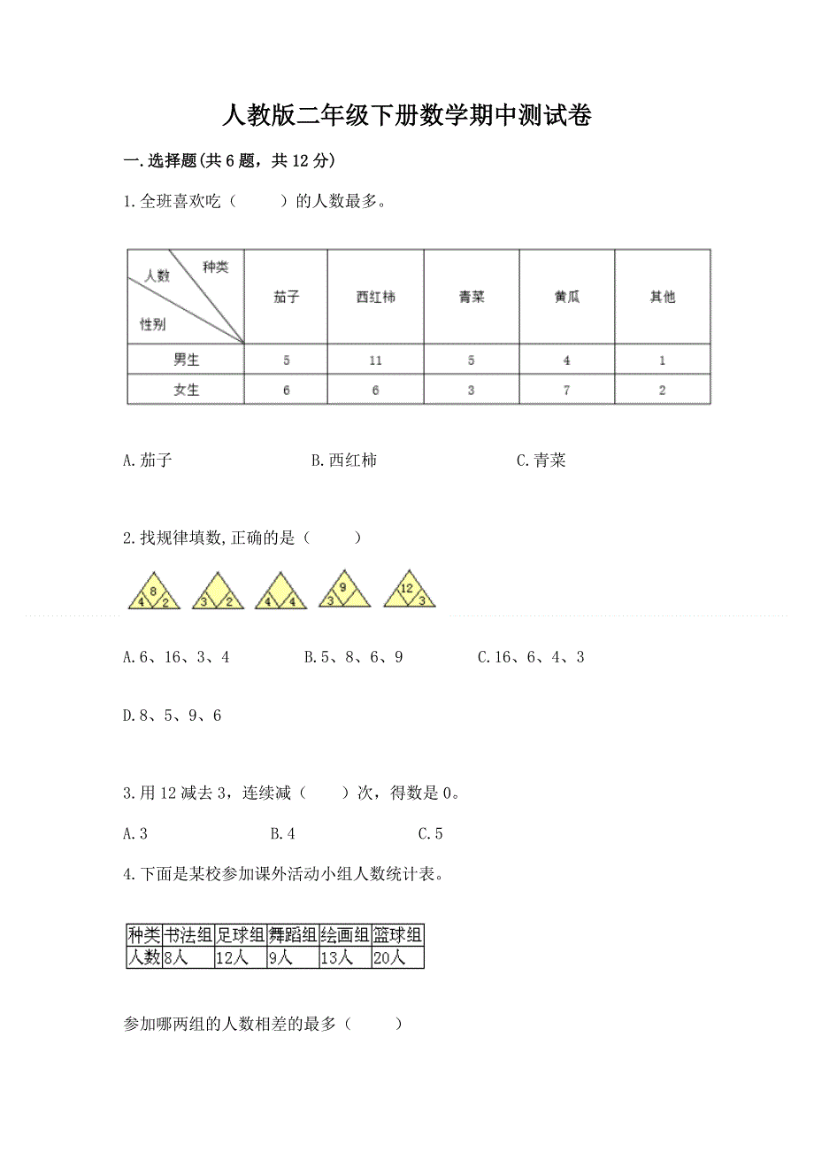 人教版二年级下册数学期中测试卷含精品答案.docx_第1页