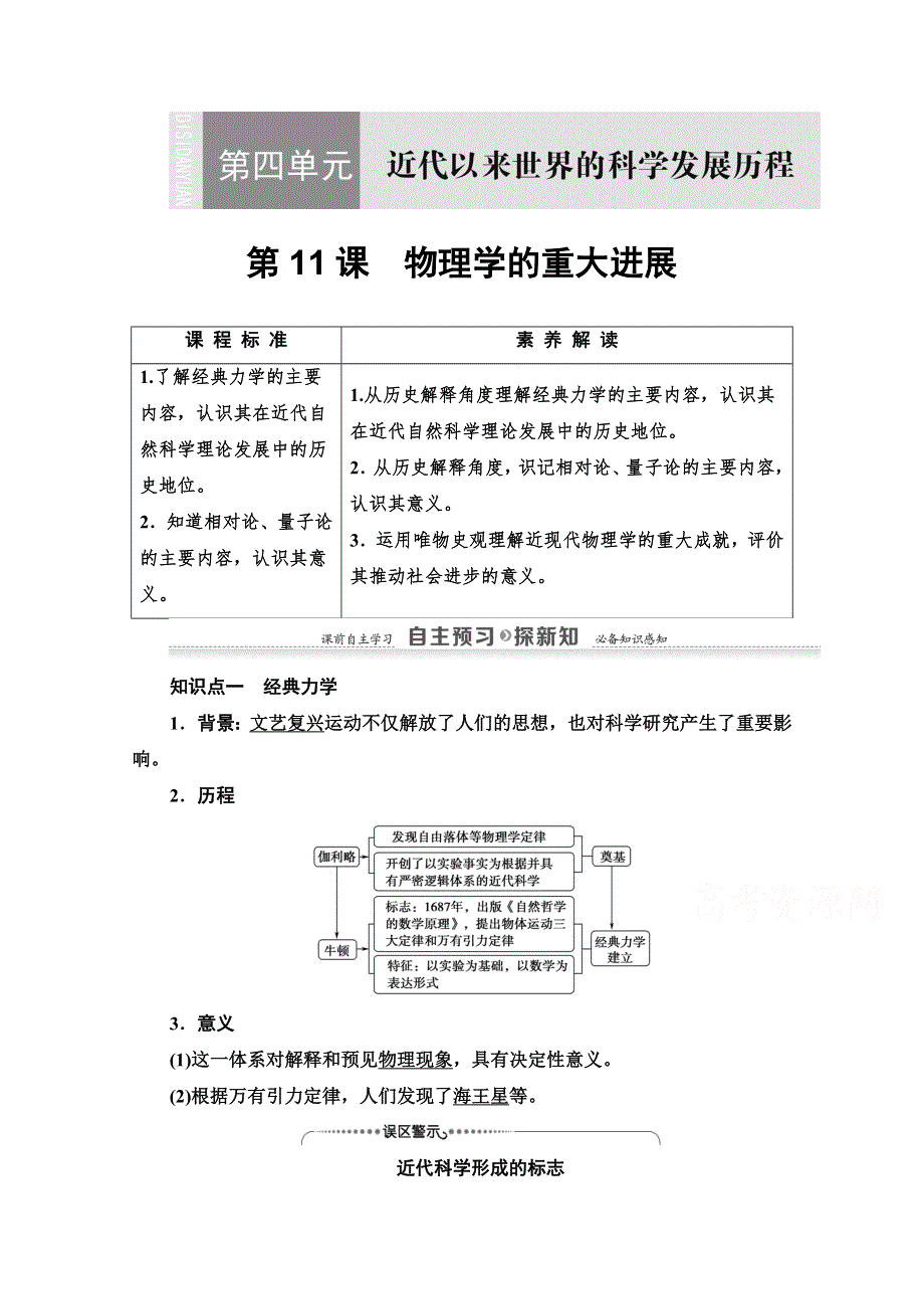 2020-2021学年历史人教版必修3教师用书：第4单元 第11课　物理学的重大进展 WORD版含解析.doc_第1页