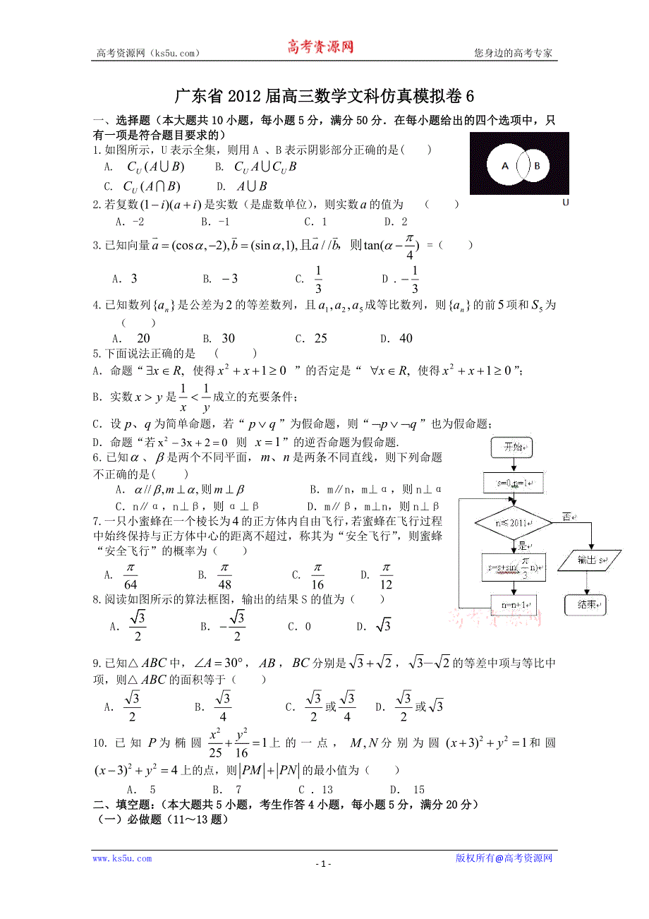 广东省2012届高三数学文科仿真模拟卷 6.doc_第1页