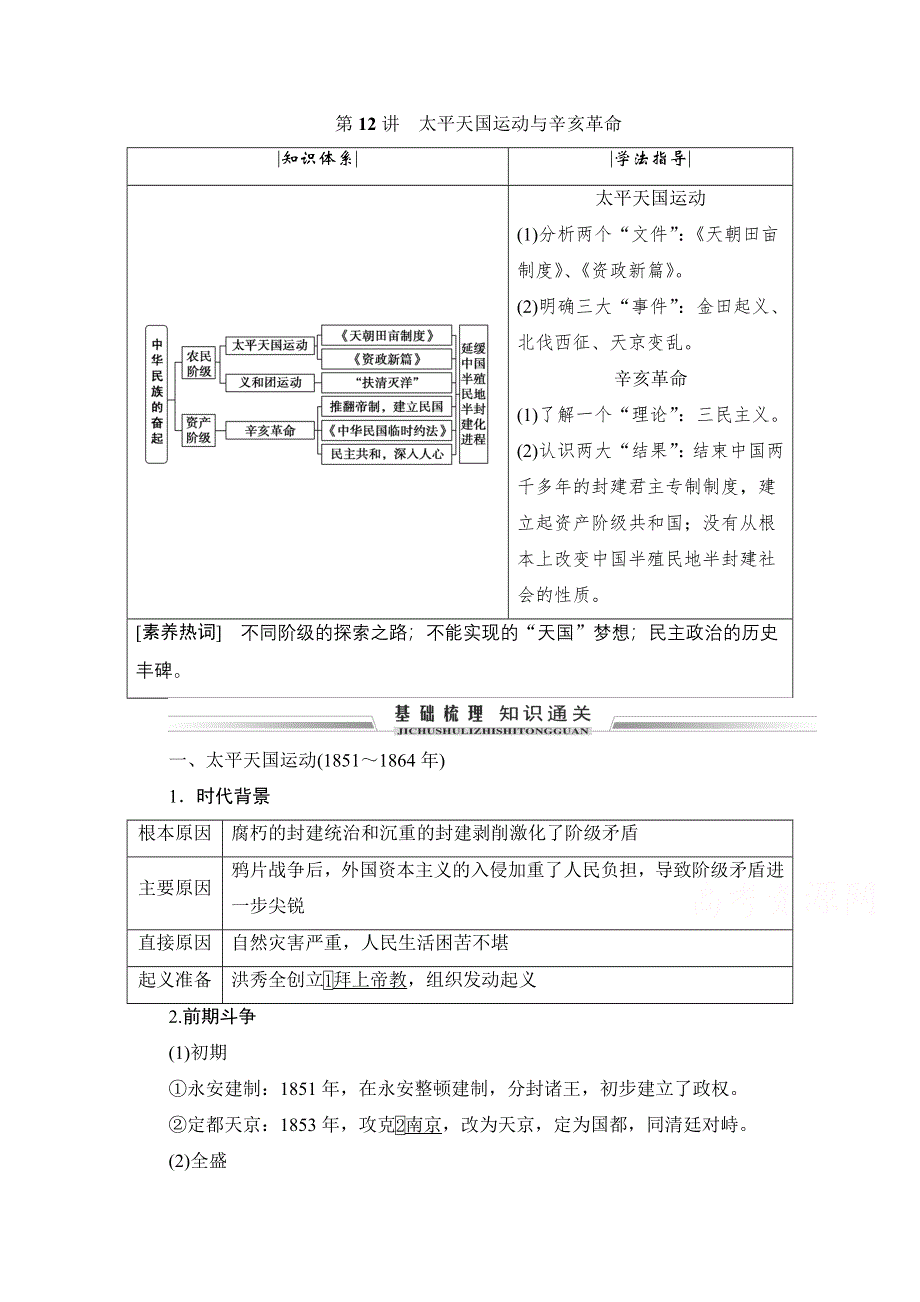 2021届高三人教版历史一轮复习学案：第12讲　太平天国运动与辛亥革命 WORD版含解析.doc_第1页