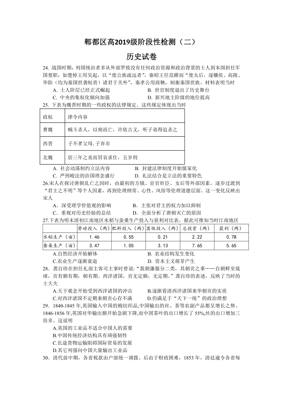 四川省成都市郫都区2022届高三上学期11月阶段性检测（二）历史试题 PDF版含答案.pdf_第1页