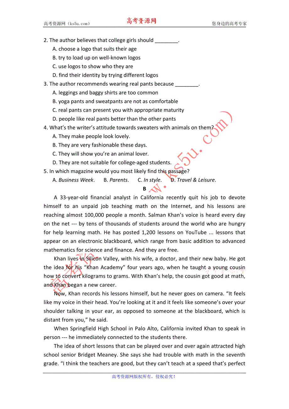 广东省2012届高三英语二轮复习专题训练：阅读理解（16）.doc_第2页