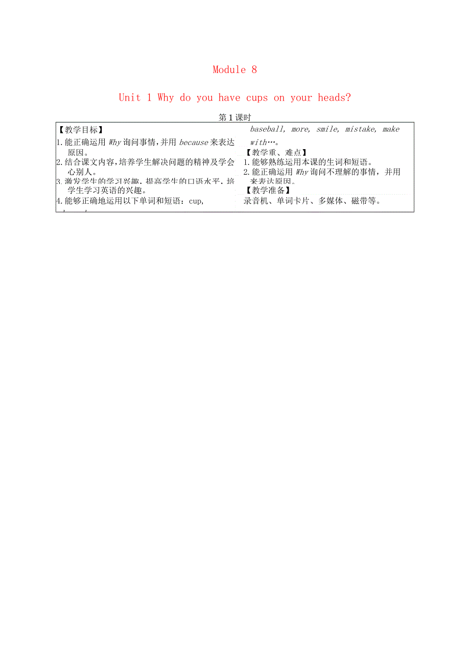 2022六年级英语下册 Module 8 Unit 1 Why do you have cups on your heads第1课时教案 外研版（三起）.doc_第1页