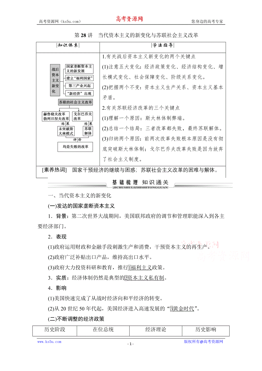 2021届高三人民版历史一轮复习学案：第28讲　当代资本主义的新变化与苏联社会主义改革 WORD版含解析.doc_第1页
