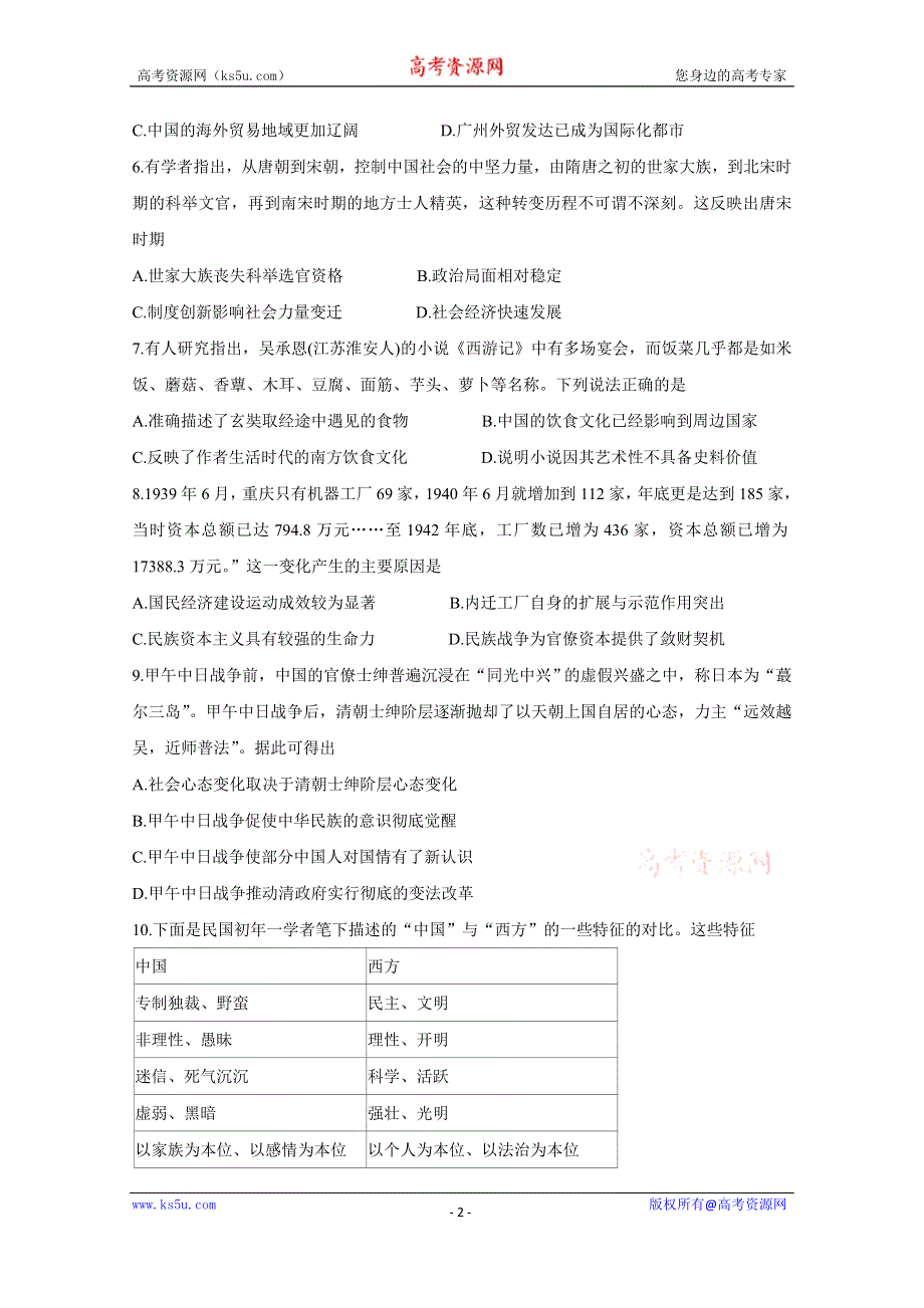 《发布》安徽省江淮十校2020届高三上学期第二次联考试题（11月） 历史 WORD版含答案BYCHUN.doc_第2页