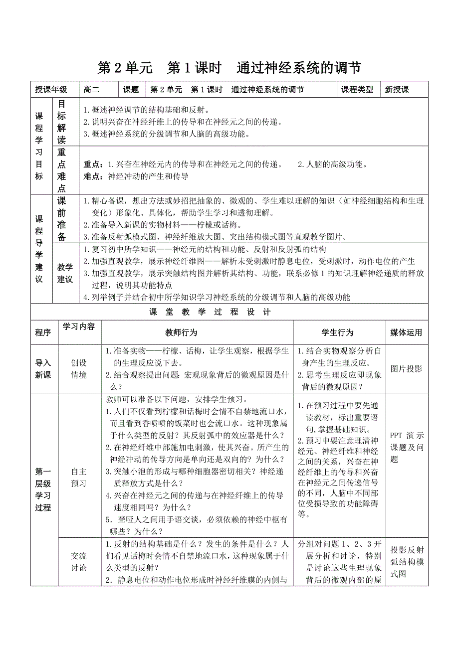 《优化课堂》2015-2016学年高二生物人教版必修3：2.1 通过神经系统的调节 教案 WORD版含答案.doc_第1页