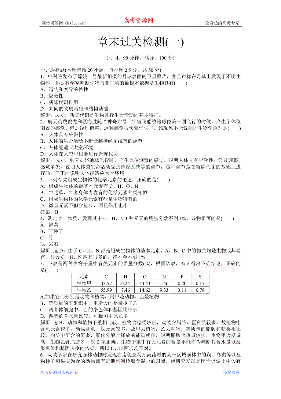 2013年《优化方案》人教版生物高二（上）章末过关检测（一） WORD版含答案.doc_第1页