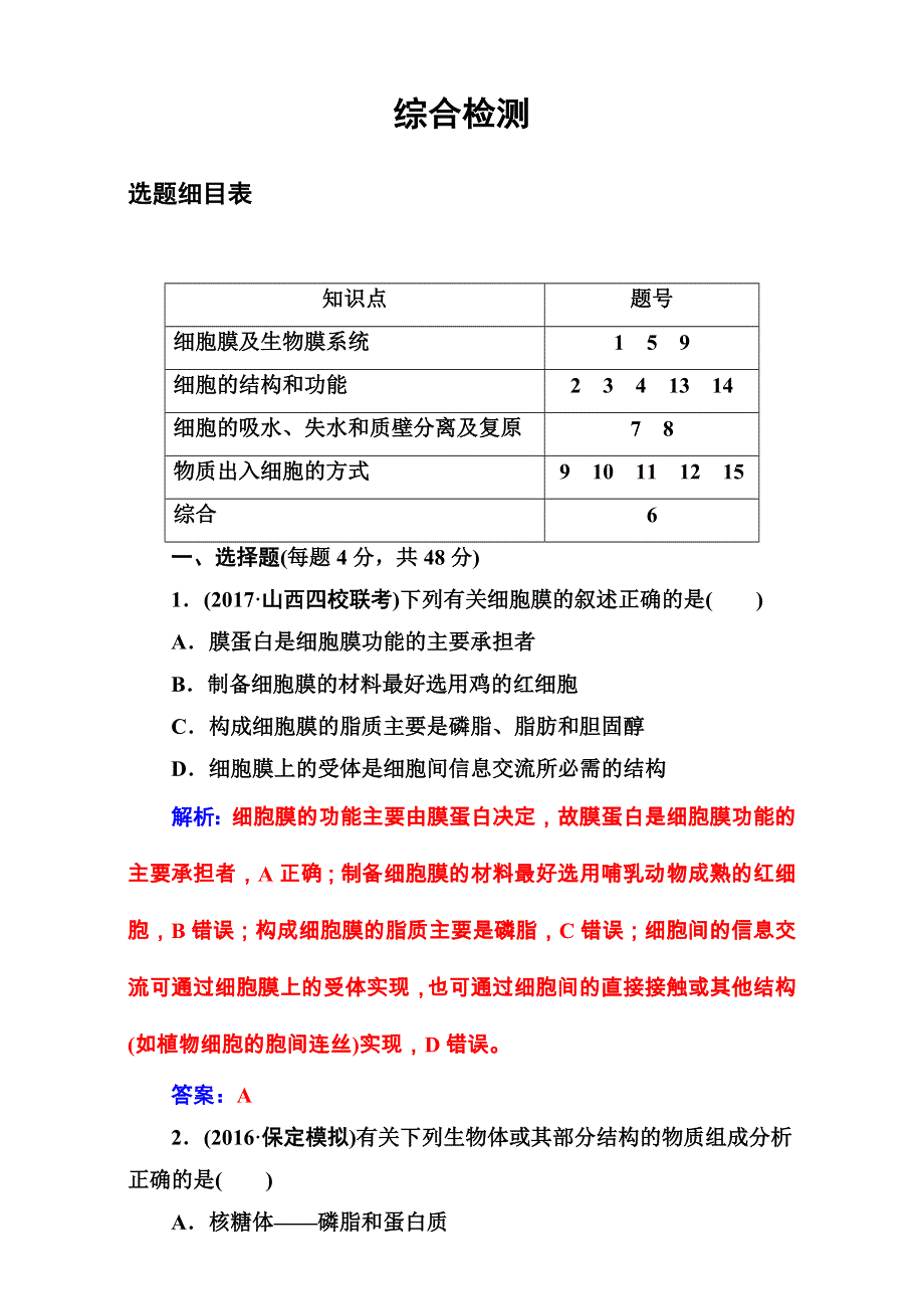 2018年高考生物大一轮复习（综合提升）：第二单元 细胞的基本结构与物质的输入和输出 综合检测 WORD版含解析.doc_第1页