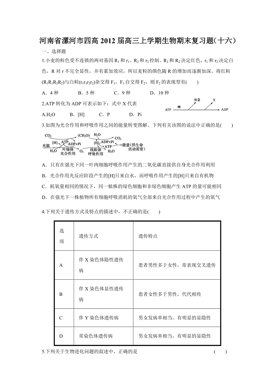 河南省漯河市四高2012届高三上学期生物期末复习题（十六）.doc_第1页