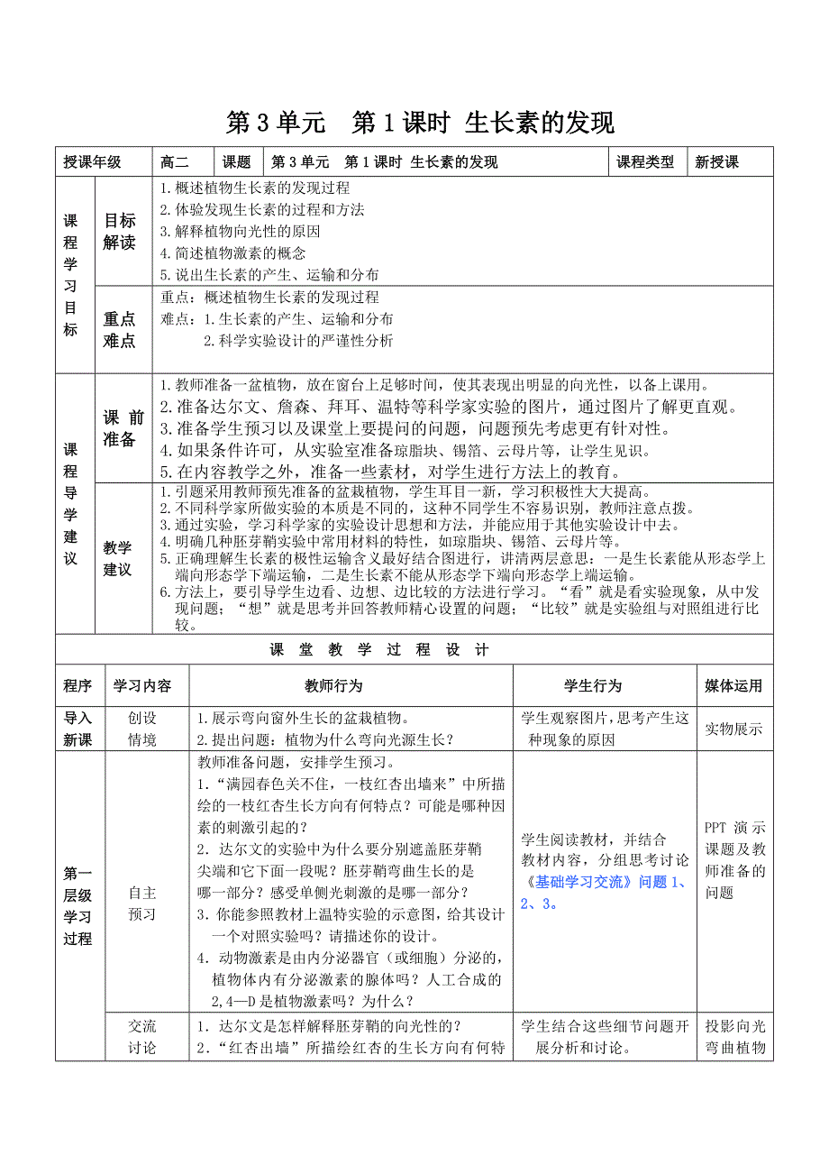 《优化课堂》2015-2016学年高二生物人教版必修3：3.1 植物生长素的发现 教案 WORD版含答案.doc_第1页