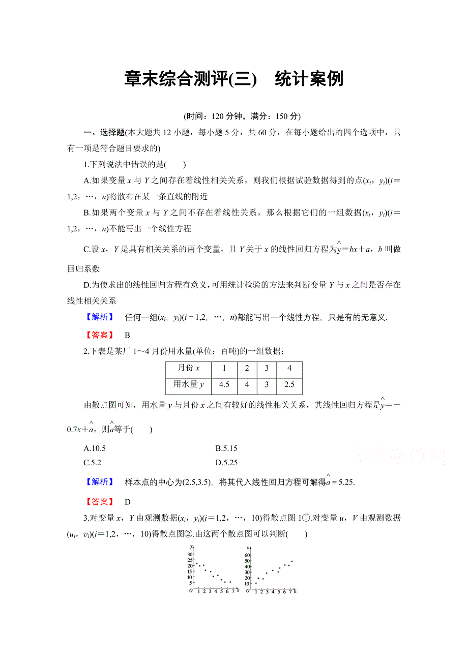 2016-2017学年高中数学人教B版选修2-3学业分层测评 章末综合测评（3） WORD版含答案.doc_第1页