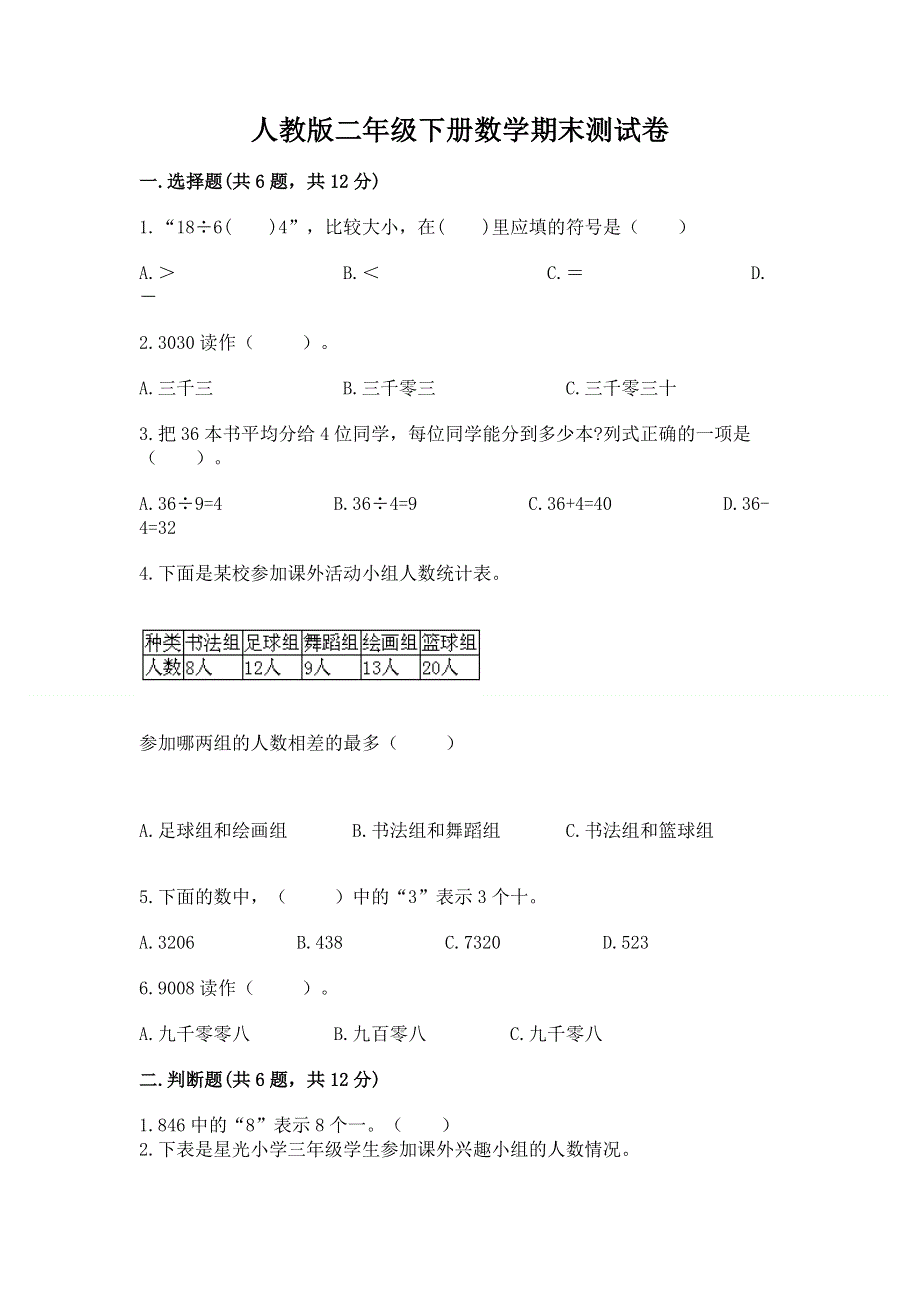 人教版二年级下册数学期末测试卷及参考答案（巩固）.docx_第1页