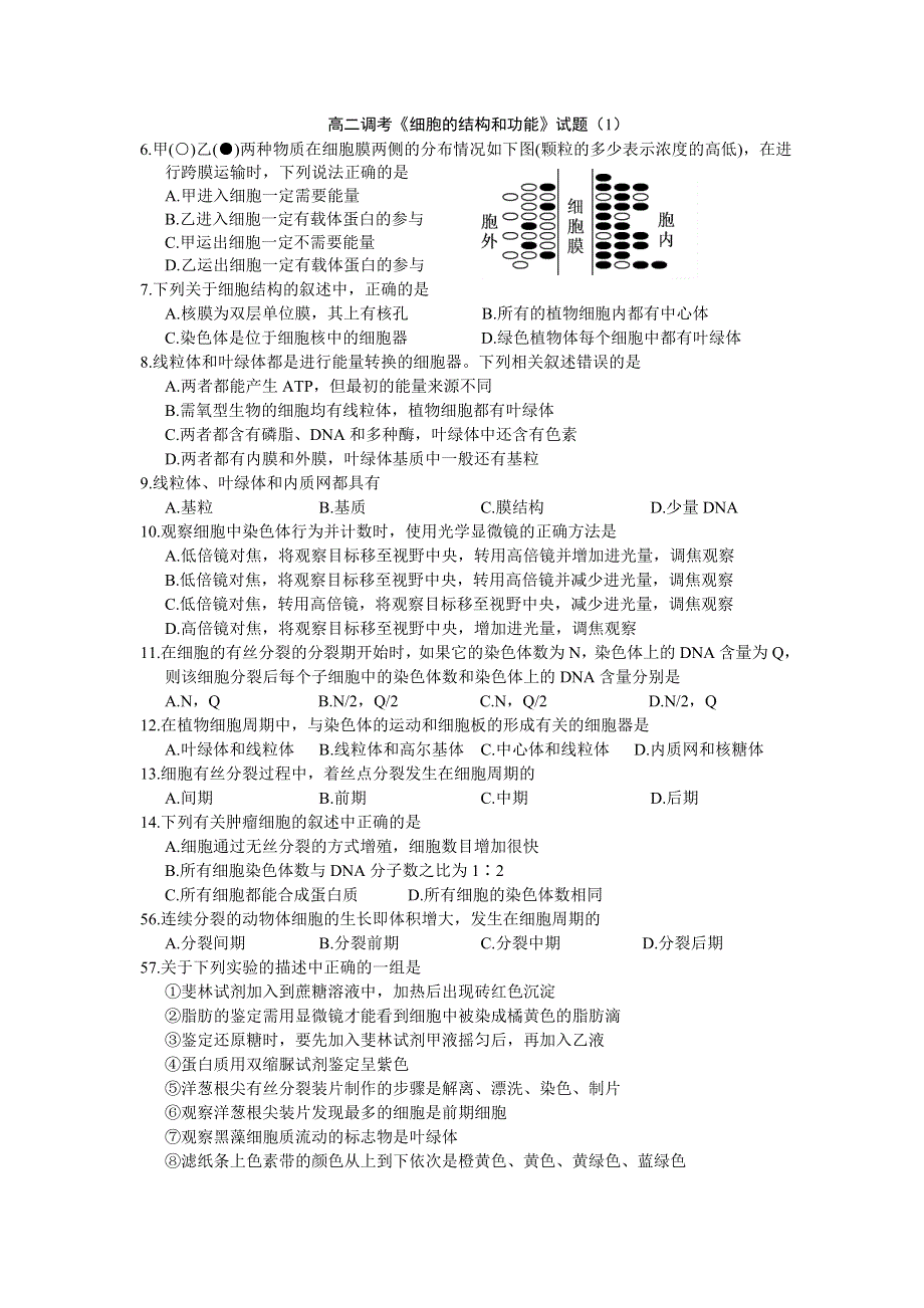 四川省成都市高二调研考试生物汇编：《细胞的结构与功能》部分.doc_第1页