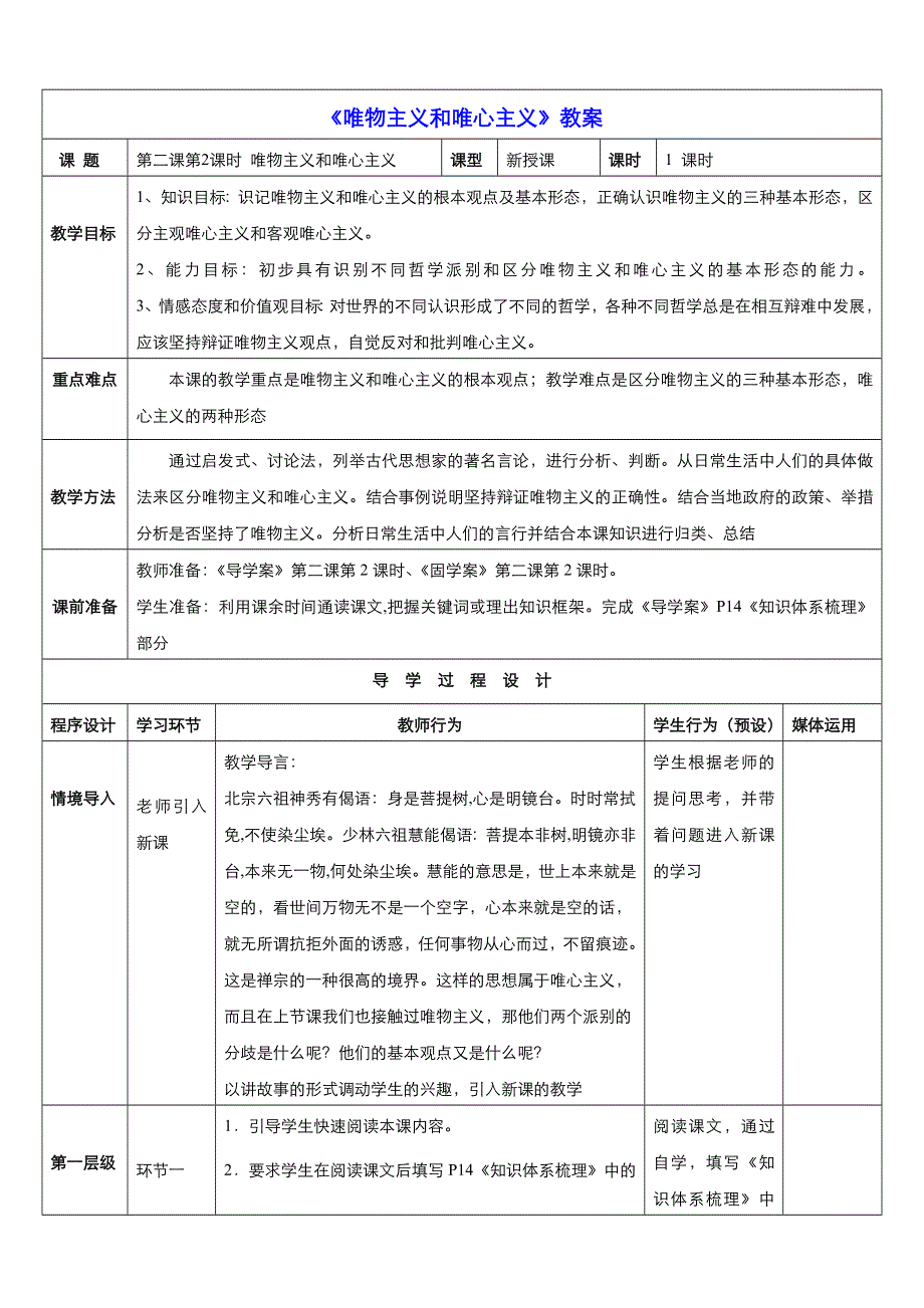 《优品》高中政治人教版必修4 第一单元第二课第二框唯物主义和唯心主义 教案（系列四）WORD版.doc_第1页