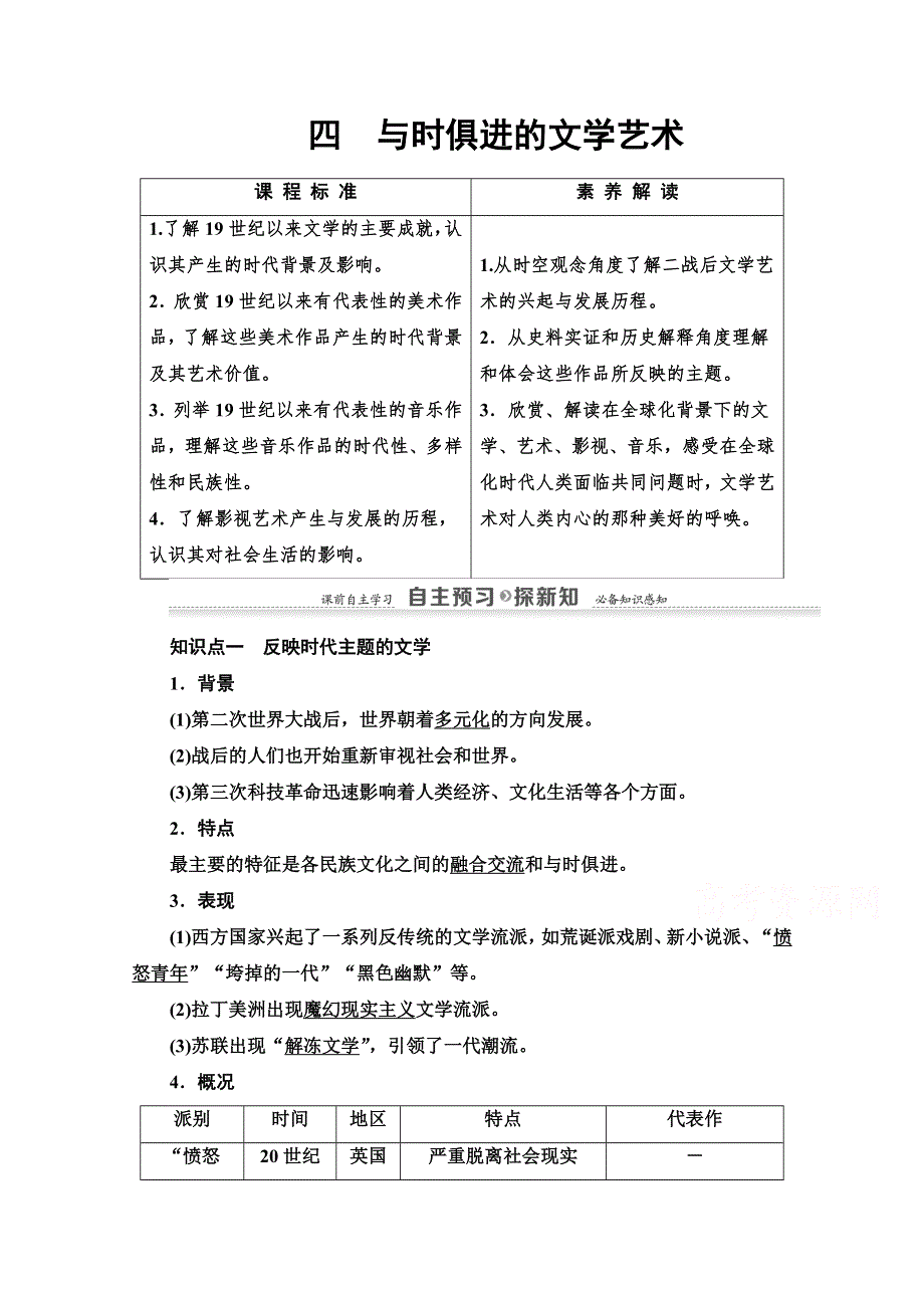 2020-2021学年历史人民版必修3教师用书：专题 8 4　与时俱进的文学艺术 WORD版含解析.doc_第1页