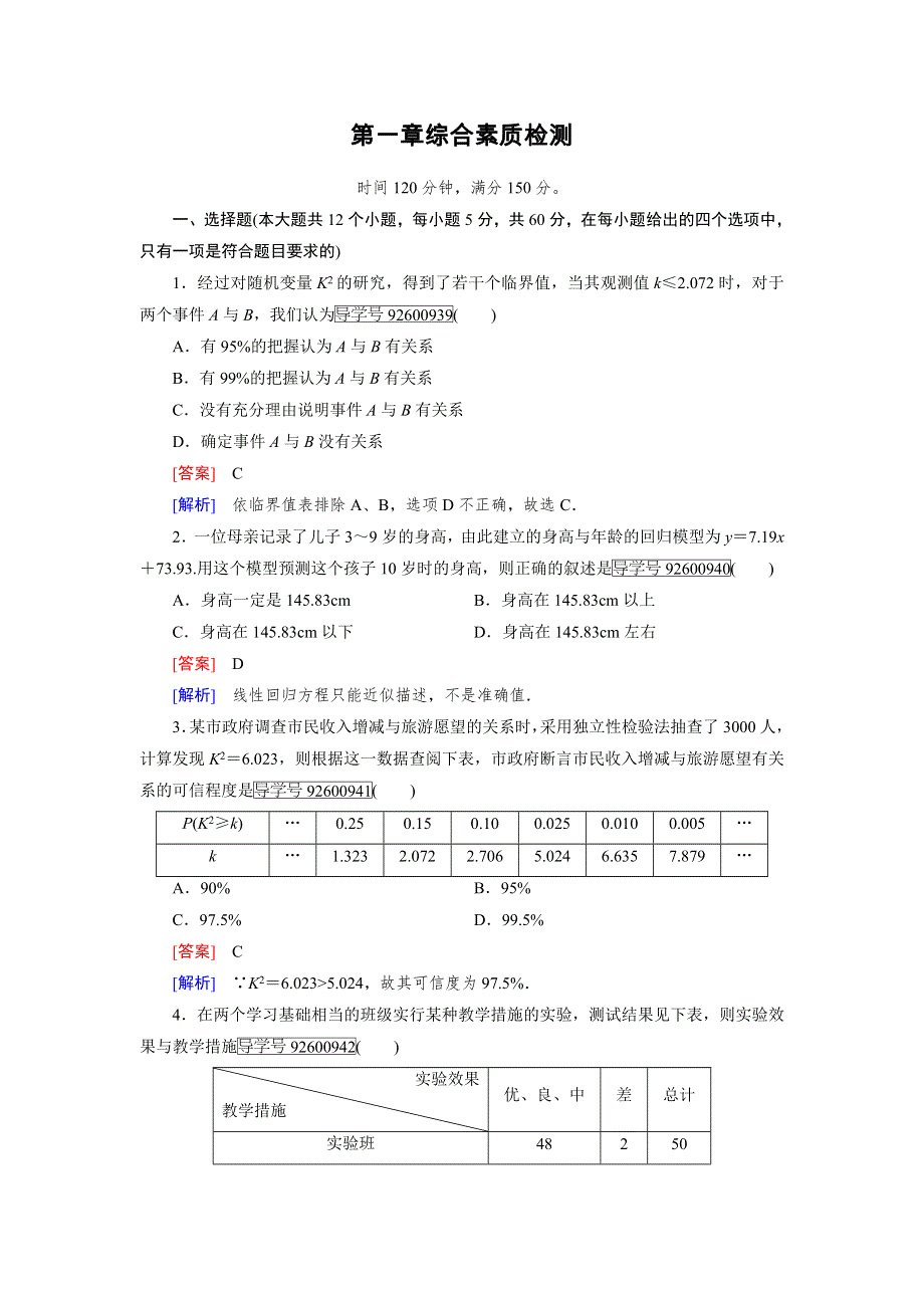 2016-2017学年高中数学人教版选修1-2习题：第1章　统计案例 综合素质检测1 WORD版含解析.doc_第1页