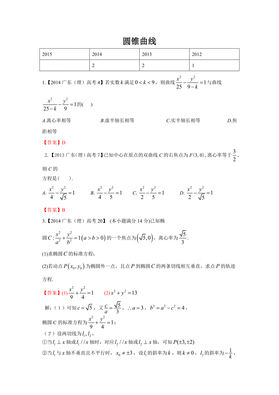 广东省2015届高三数学（理）一轮复习参考试题：圆锥曲线 WORD版含答案.doc_第1页