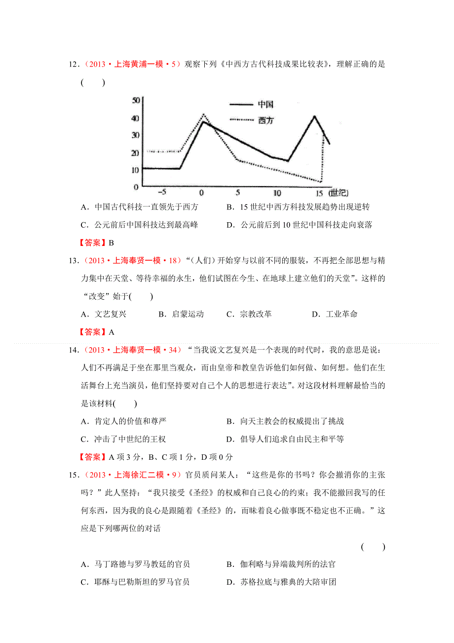 2013年上海市各地历史模拟试题分类汇编（华东师大版）：文艺复兴与宗教改革 WORD版含答案.doc_第3页