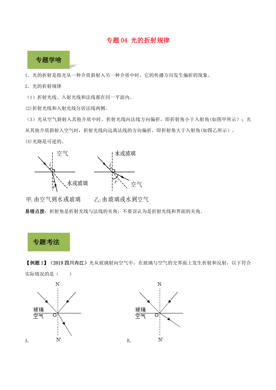 2020年中考物理学考练重要规律 专题04 光的折射规律试题.doc_第1页