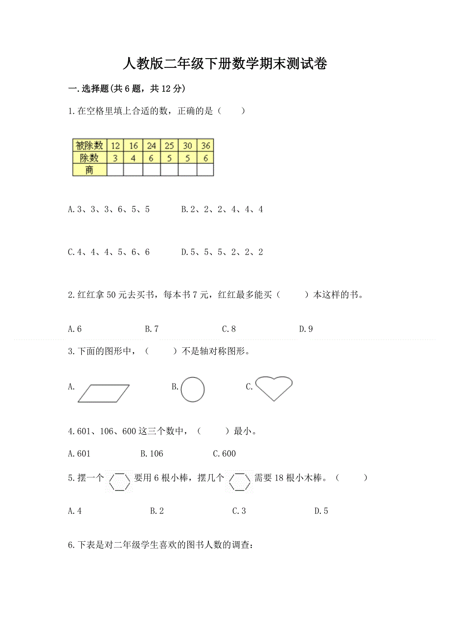 人教版二年级下册数学期末测试卷含答案【典型题】.docx_第1页