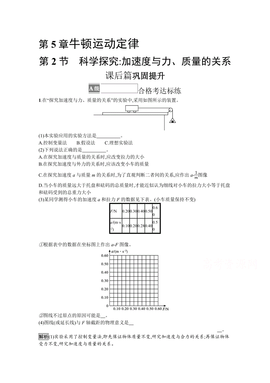 《新教材》2021-2022学年高中物理鲁科版必修第一册练习：第5章　第2节　科学探究 加速度与力、质量的关系 WORD版含解析.docx_第1页