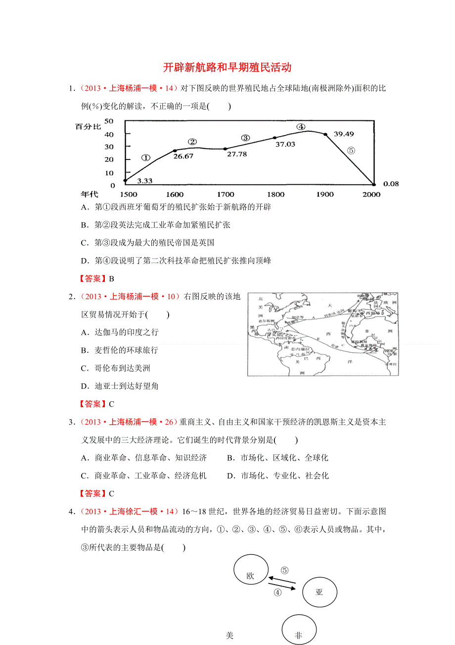 2013年上海市各地历史模拟试题分类汇编（华东师大版）：开辟新航路和早期殖民活动 WORD版含答案.doc_第1页