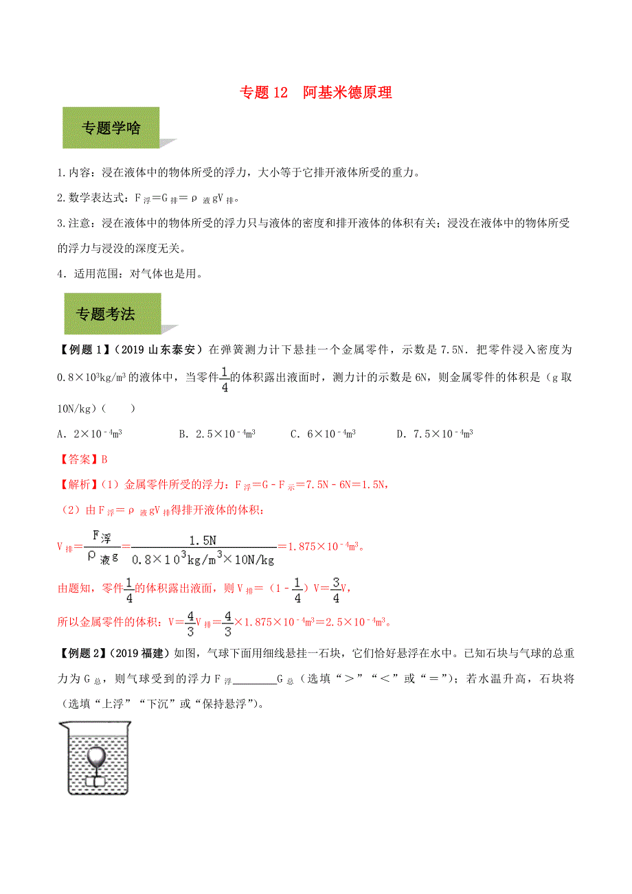 2020年中考物理学考练重要规律 专题12 阿基米德原理试题.doc_第1页