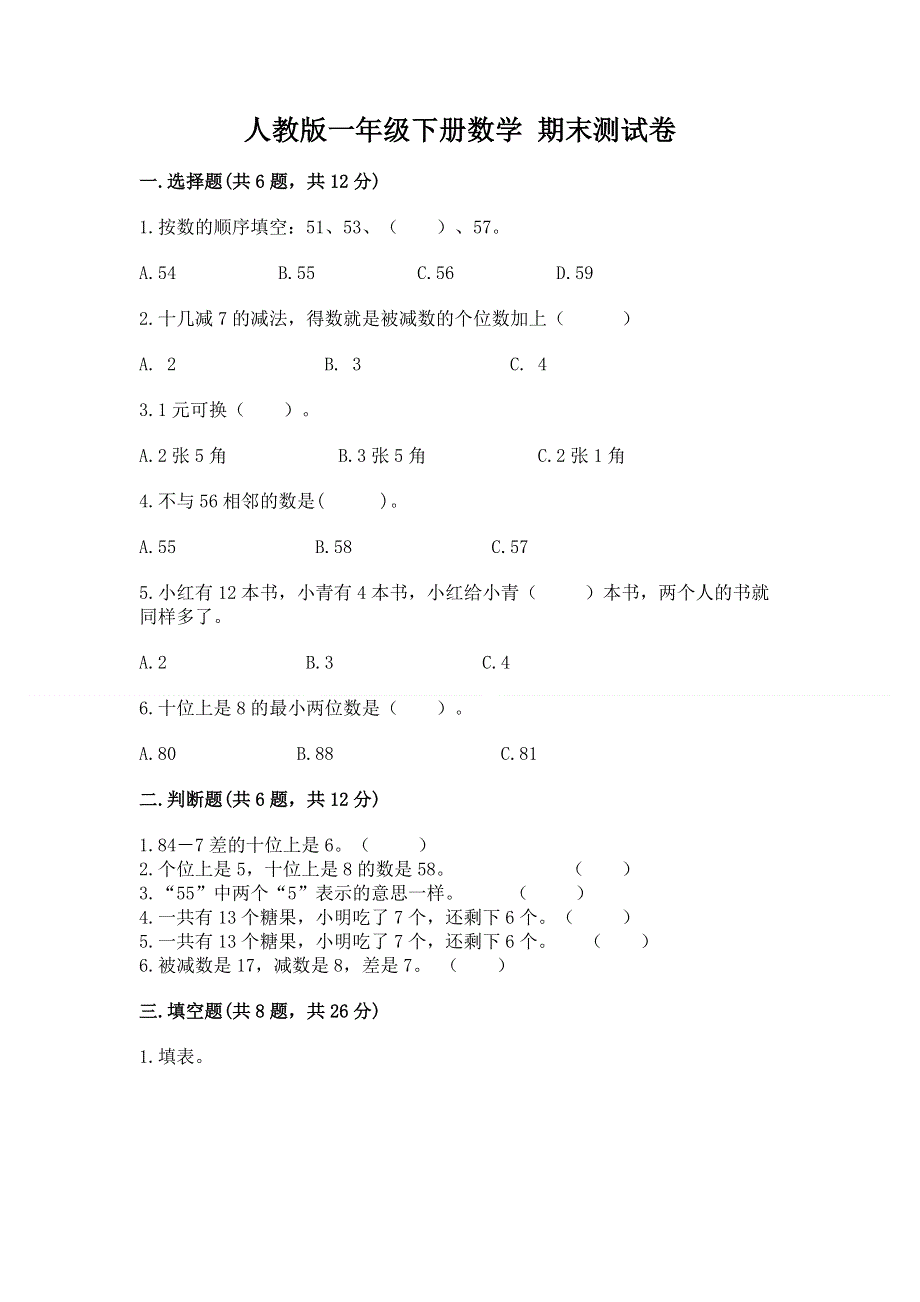 人教版一年级下册数学 期末测试卷（网校专用）.docx_第1页