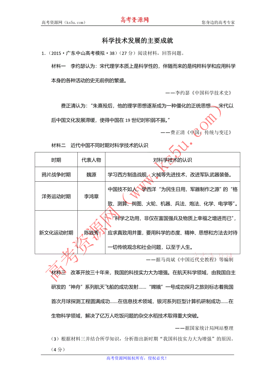 广东省2015年高考模拟历史试题分解（现代中国科技文艺教育） WORD版含答案.doc_第1页