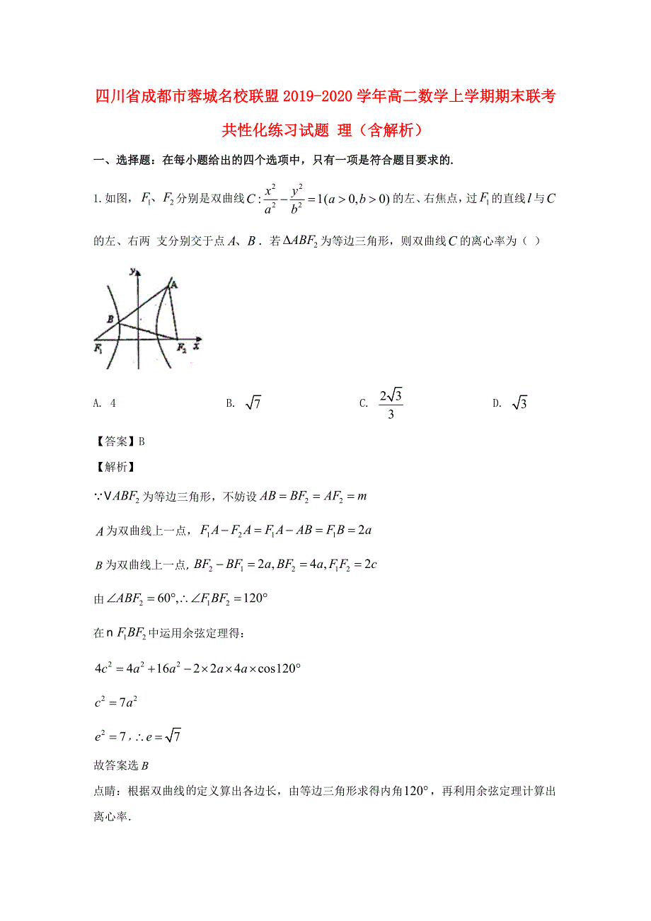 四川省成都市蓉城名校联盟2019-2020学年高二数学上学期期末联考共性化练习试题 理（含解析）.doc_第1页