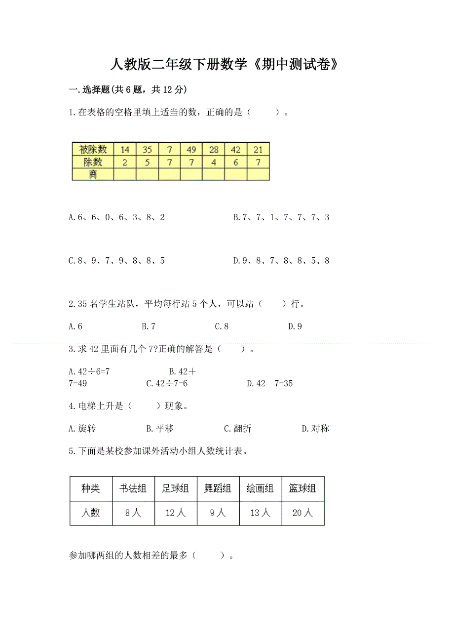 人教版二年级下册数学《期中测试卷》（夺冠）.docx_第1页