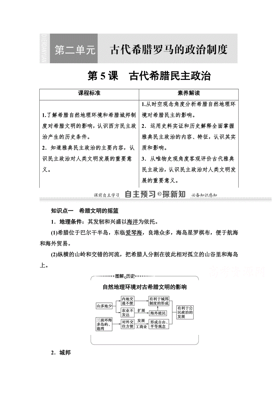 2020-2021学年历史人教版必修1教师用书：第2单元 第5课　古代希腊民主政治 WORD版含解析.doc_第1页