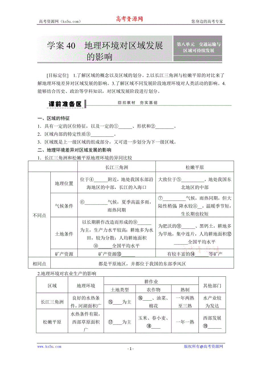 2013届高考鲁教版地理一轮复习学案：40地理环境对区域发展的影响.doc_第1页