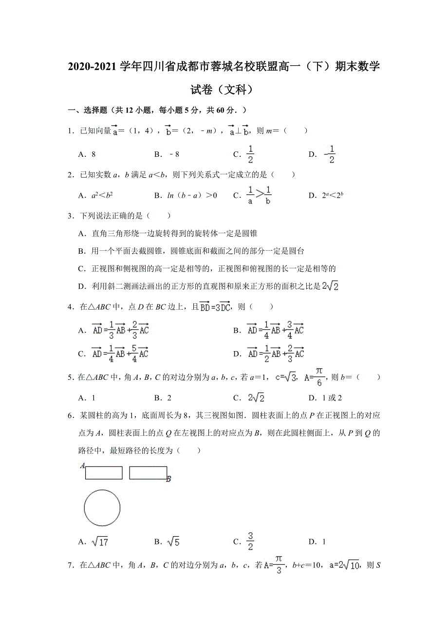 四川省成都市蓉城名校联盟2020-2021学年高一下学期期末考试数学（文科）试卷 WORD版含解析.doc_第1页