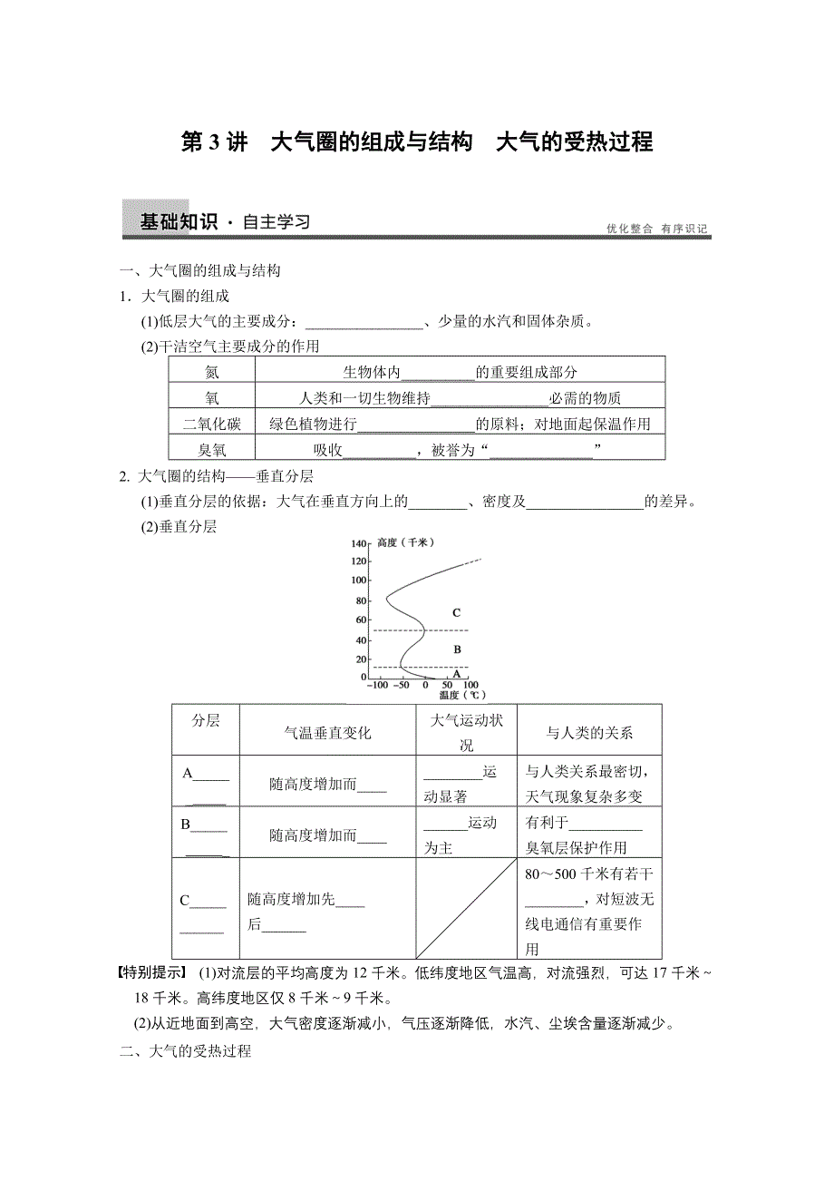 2013届高考鲁教版地理一轮复习讲义：必修一第三单元 第3讲 大气圈的组成与结构 大气的受热过程.doc_第1页