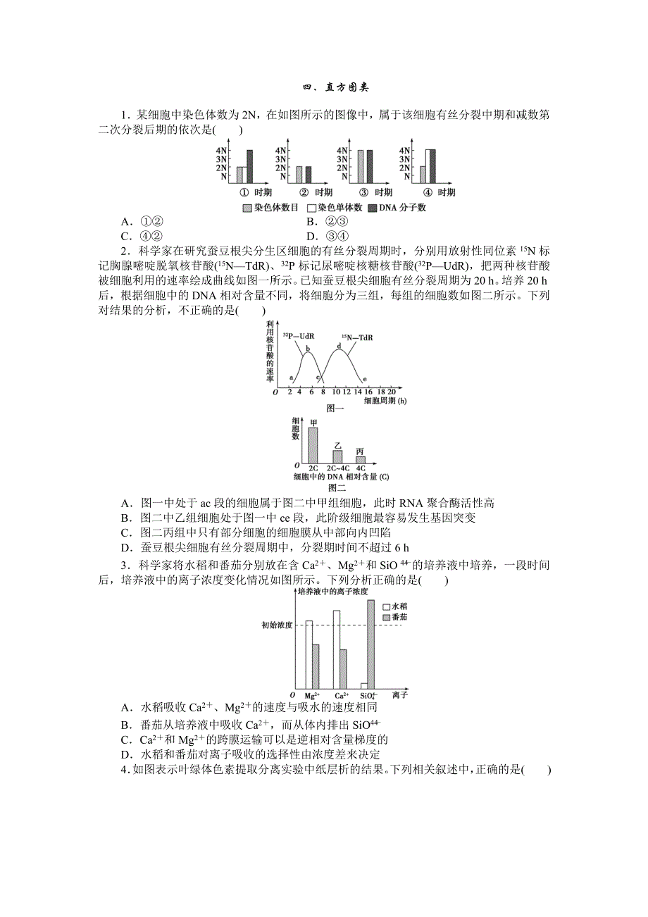 《优化设计》2015届高考生物二轮复习特色专项训练：专练一四、直方图类 WORD版含解析.doc_第1页