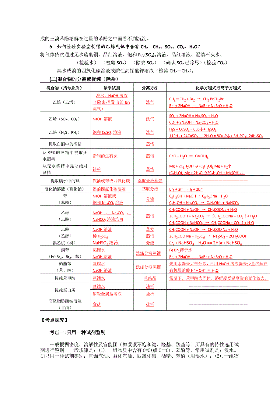 四川省成都市龙泉中学2016届高三化学有机化学《有机物的鉴别和提纯》专题复习（学案、练习） WORD版含答案.doc_第2页