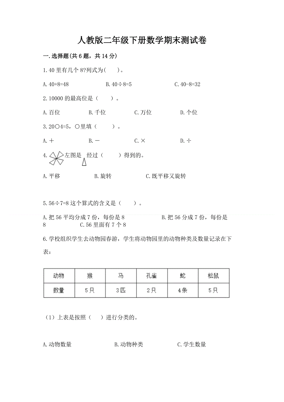 人教版二年级下册数学期末测试卷含解析答案.docx_第1页