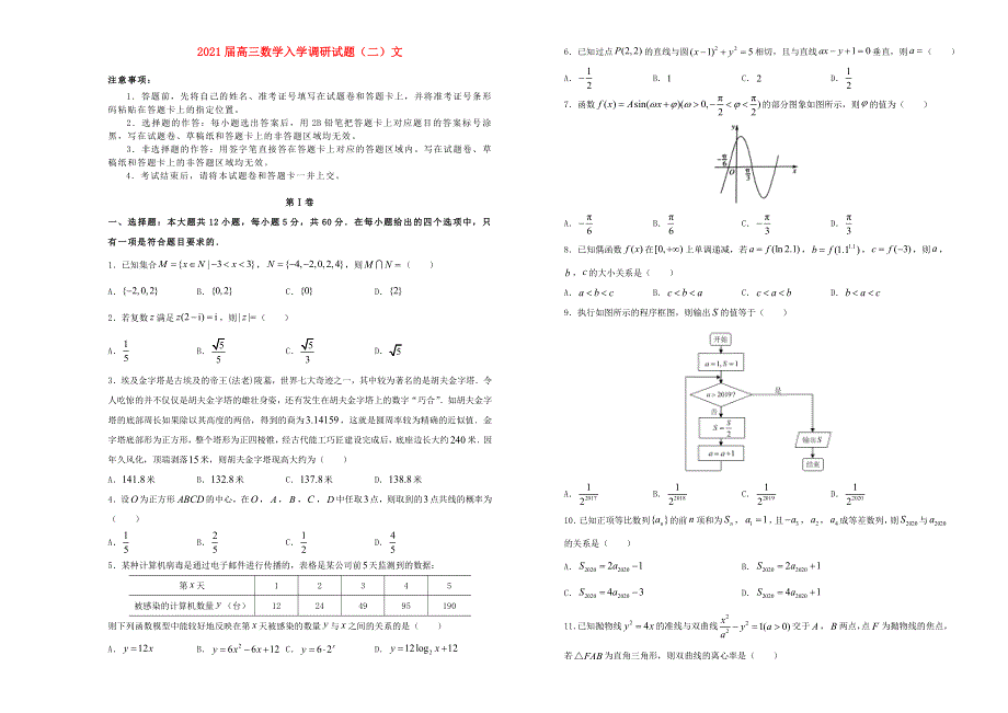 2021届高三数学入学调研试题（二）文.doc_第1页