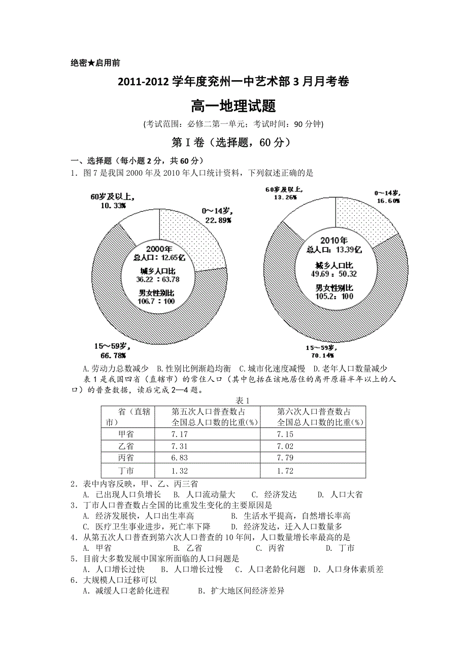 山东省兖州一中艺术部11-12学年高一3月月考地理试题.doc_第1页