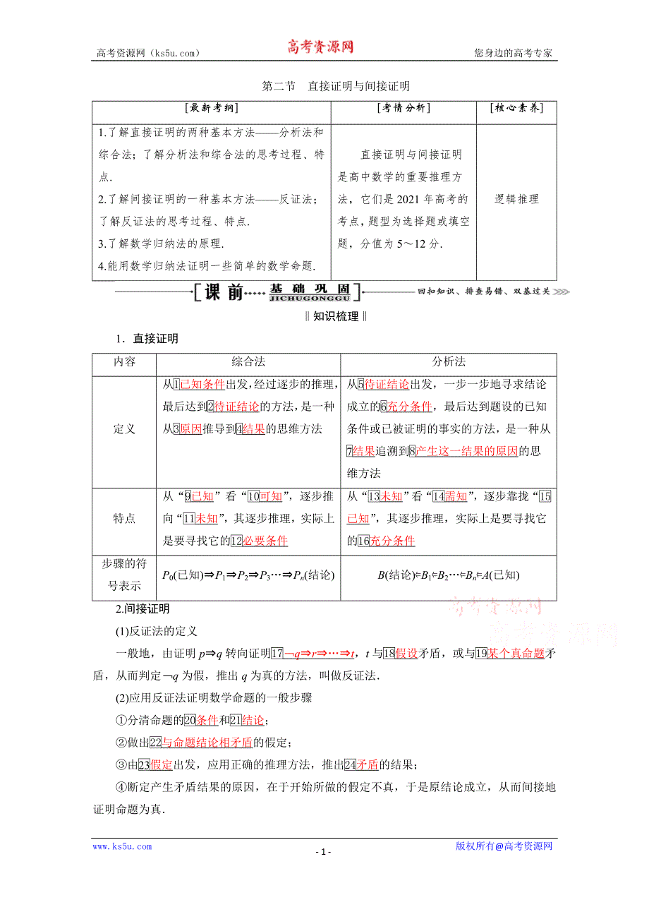 2021届高三数学（理）一轮复习学案：第十二章 第二节　直接证明与间接证明 WORD版含解析.doc_第1页